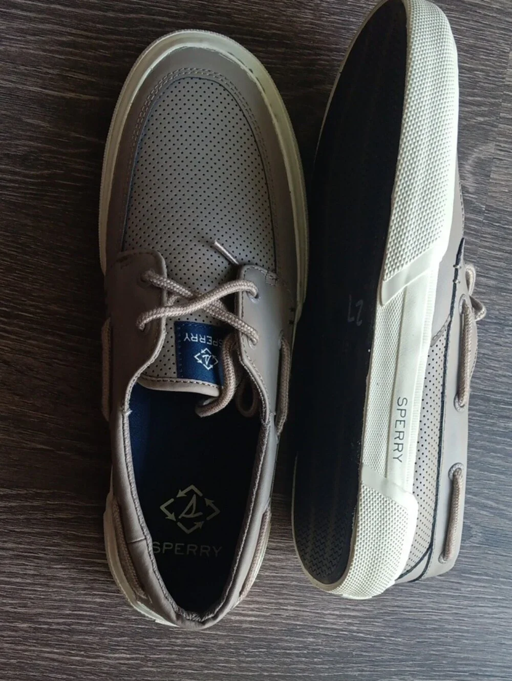 $30 Sperry Men's Taupe Perforated Boat Shoes with Cream Sole